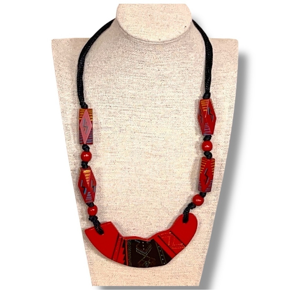 Vintage Red Black Tribal Beaded Necklace Handmade Painted Wood